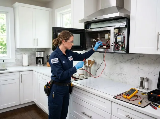 Appliance Repair Hero technician testing an over-the-range microwave in a Arlington, TX kitchen